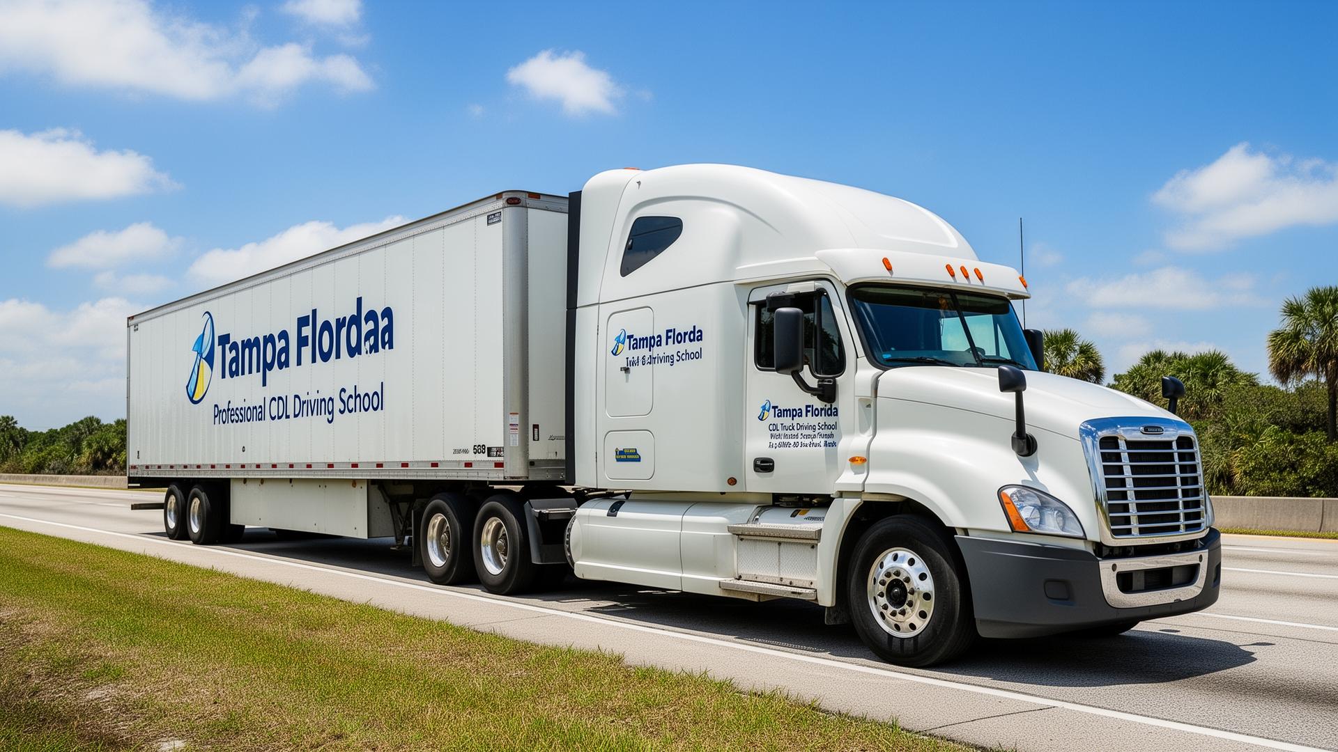 Tampa CDL School semi-truck driving on Tampa Florida highway for Class A CDL training